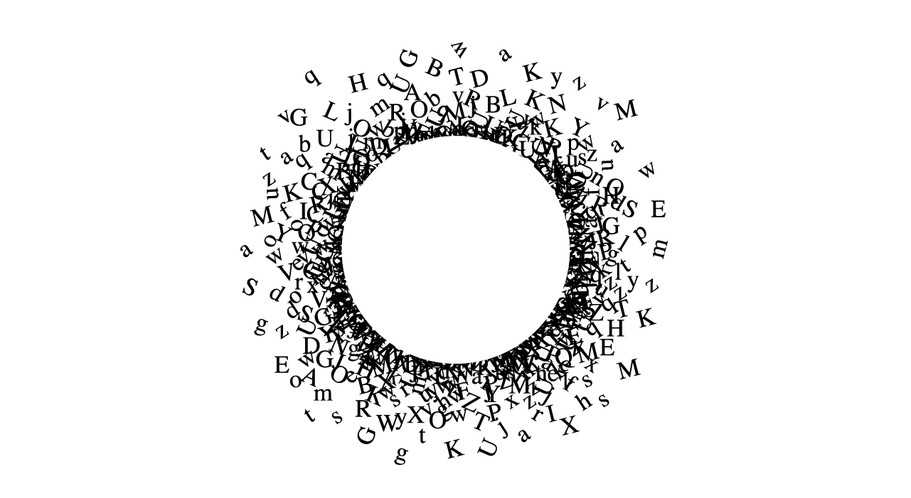 A vortex of black letters encircling an empty space