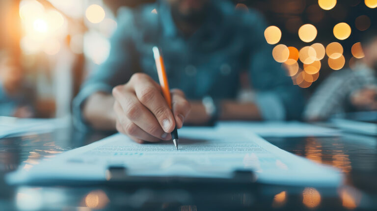 A heand holding a pen, in the act of writing. The background has a soft bokeh blur from a window on one side and string lights on the the other.