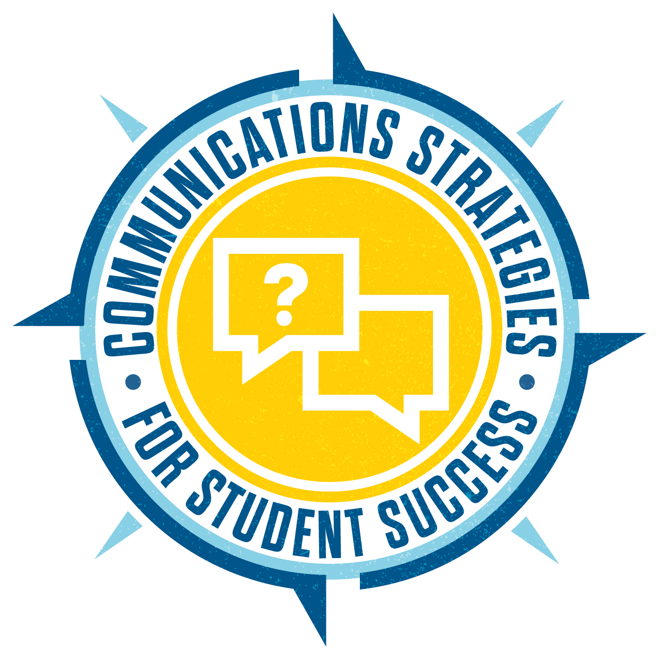 A round badge designed in blue and yellow, to be awarded upon completion of the Communications Strategies for Student Success curriculum