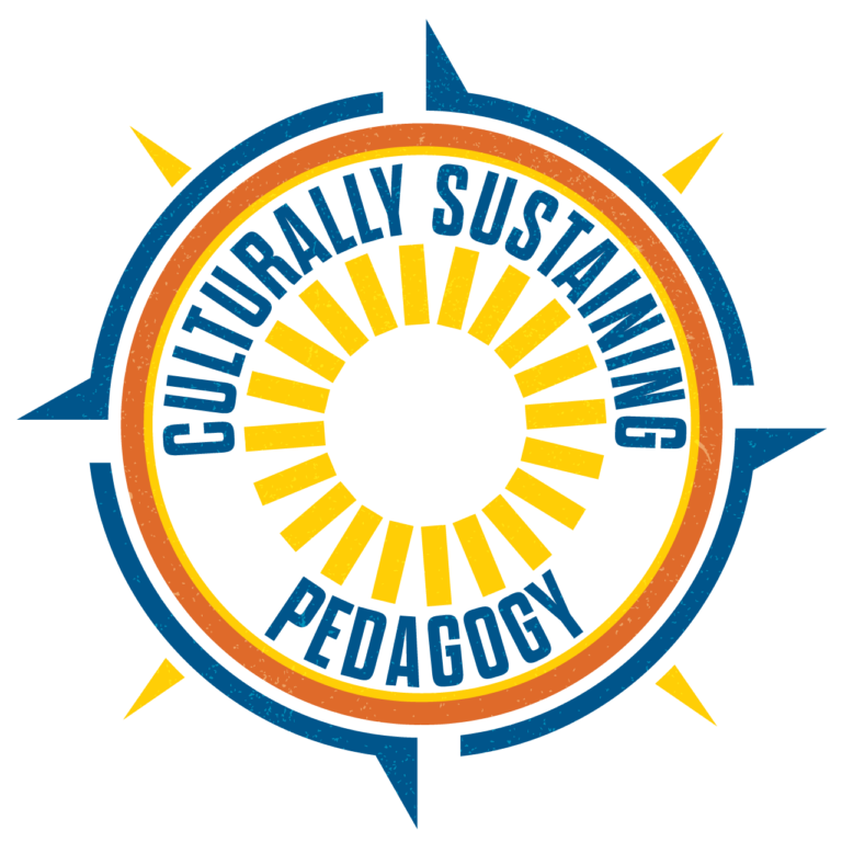 A round badge designed in blue, orange and yellow, to be awarded upon completion of the Culturally Sustaining Pedagogy curriculum.