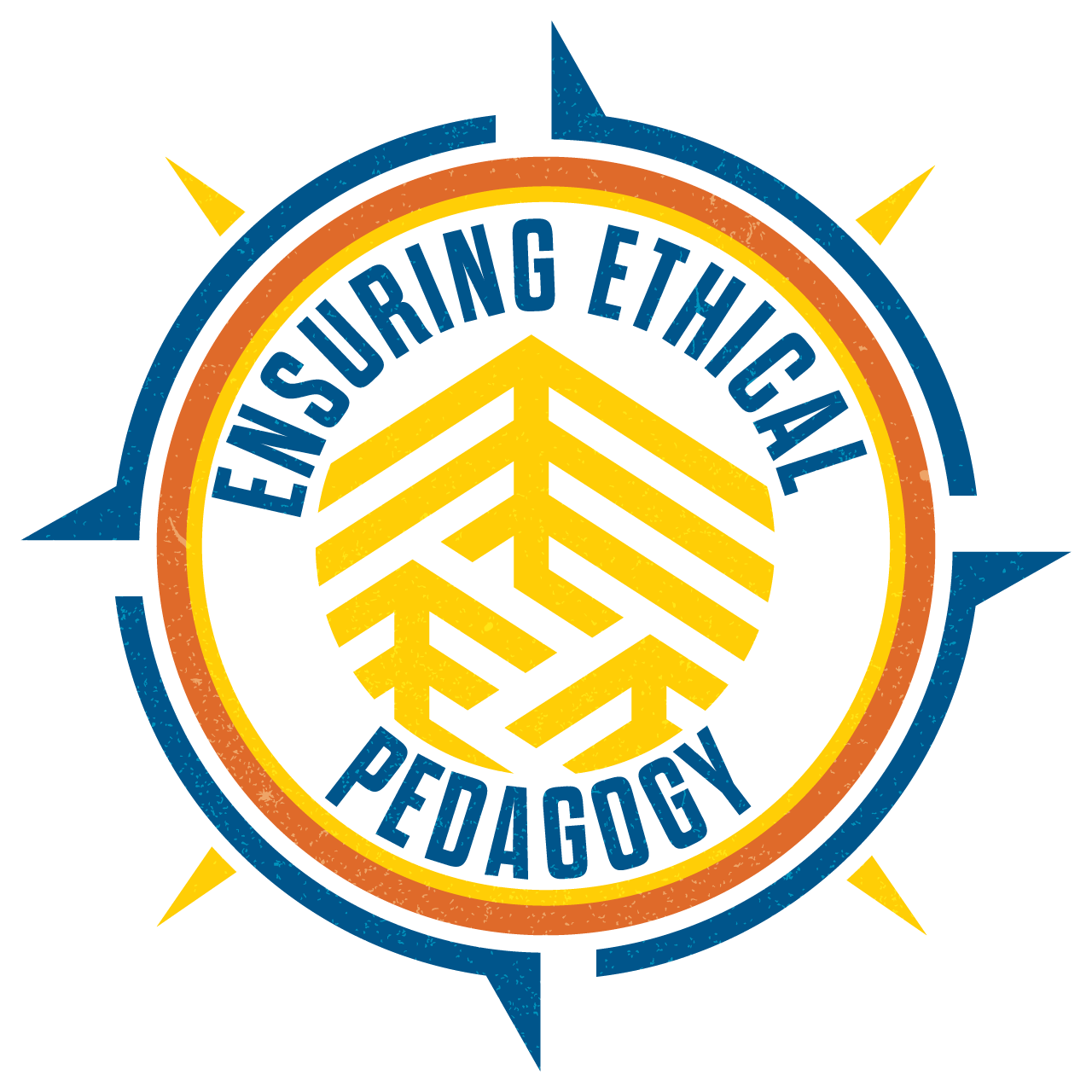 A round badge designed in blue, orange, and yellow to be awarded upon completion of the Ensuring Ethical Pedagogy curriculum.