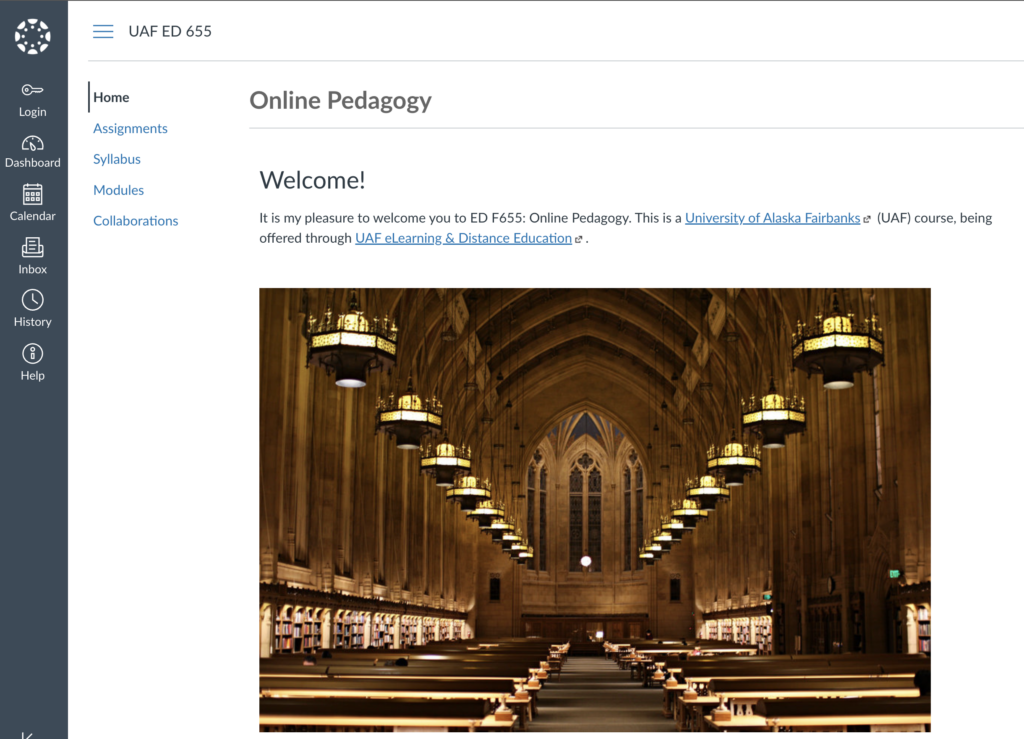 A screenshot of the course homepage for ED F655, in Canvas.