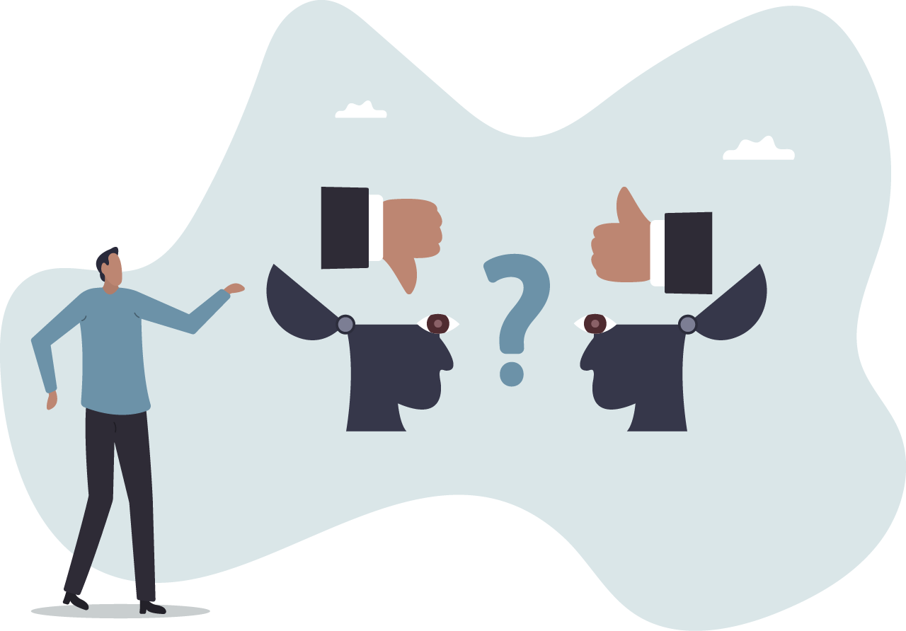An illustration of a person gesturing toward two heads facing each other, open with a thumbs down and a thumbs up floating above each respective head.